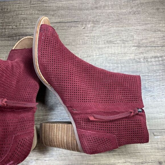 Toms~Women’s~”Majorca” Burgundy Suede Perforated Ankle Peep Toe Heel~Ss 9.5 - Picture 6 of 10